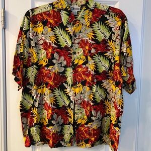 Men’s Black Tropical Floral Button-Up Shirt - Red & Yellow Print
